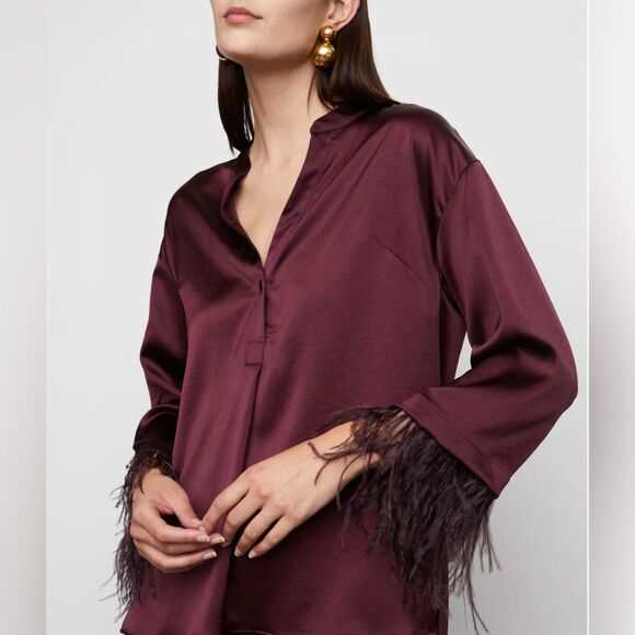 Bailey 44 Nevaeh Satin Feathered Top Burgundy - Picture 1 of 6
